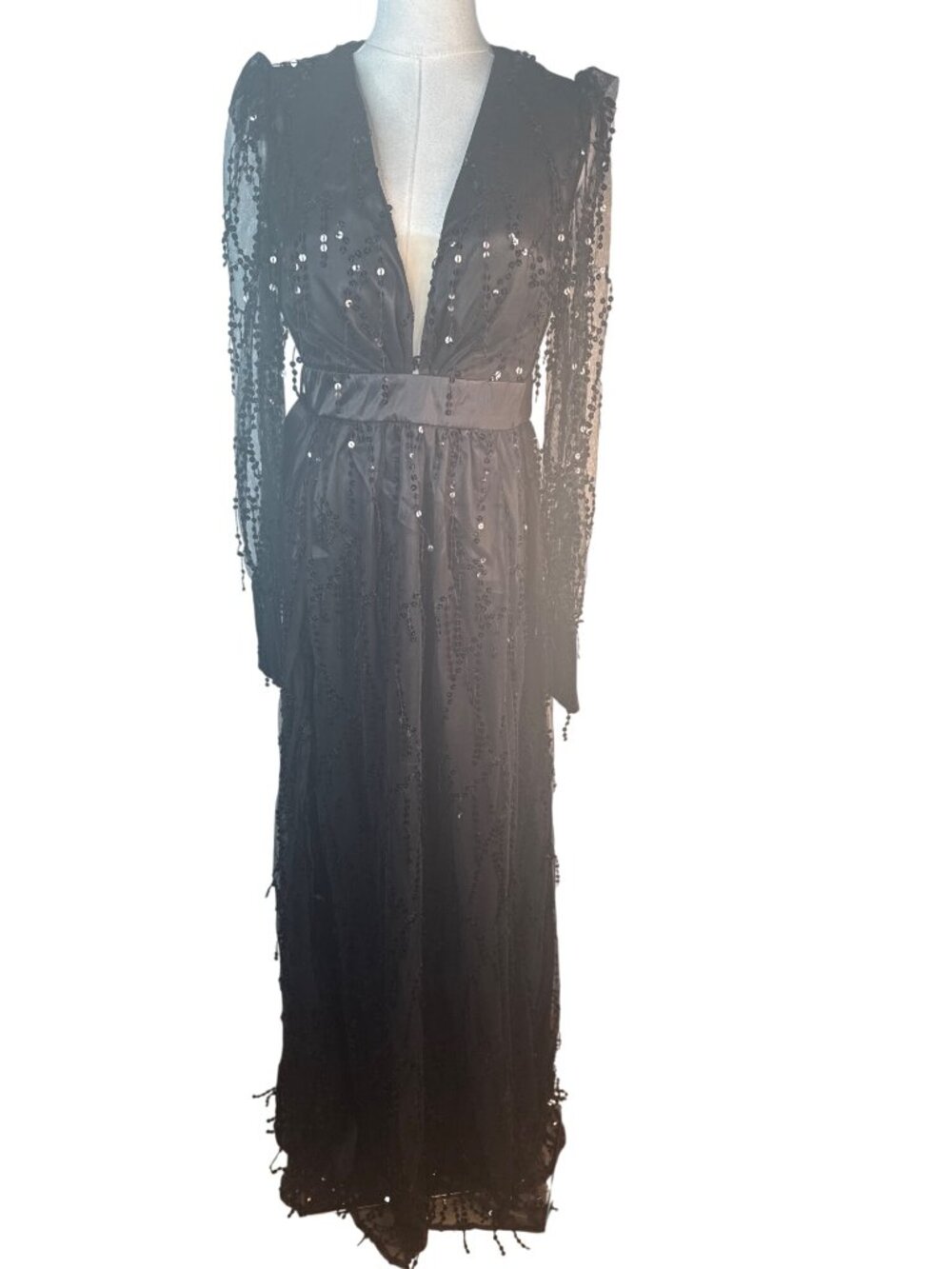 New MISS ORD Deep V Chiffon Medium Sequin Maxi Prom Gown - Picture 3 of 16